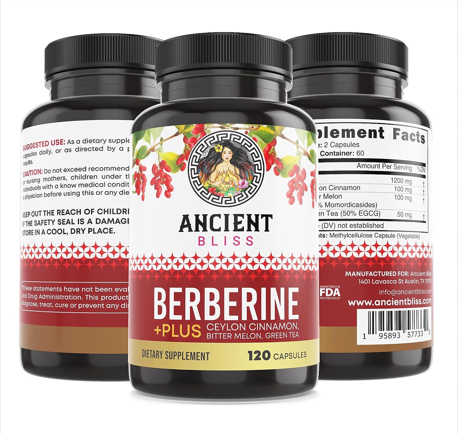 Ancient Bliss Berberine HCL 1200mg with Ceylon Cinnamon, Bitter Melon, and Green Tea Extract - 120 Capsules - Supports Immune System