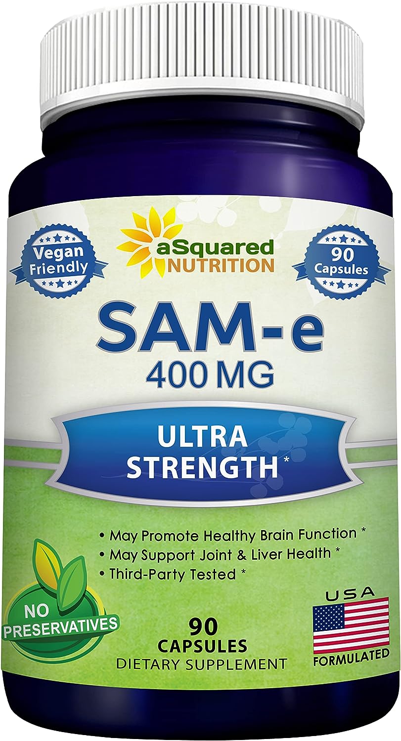 aSquared Nutrition SAM-e 400mg Supplement - 90 Capsules - Same (S-Adenosyl Methionine) to Support Mood, Joint Health, and Brain Function - Extra Strength Vegan SAM e Pills : Health  Household