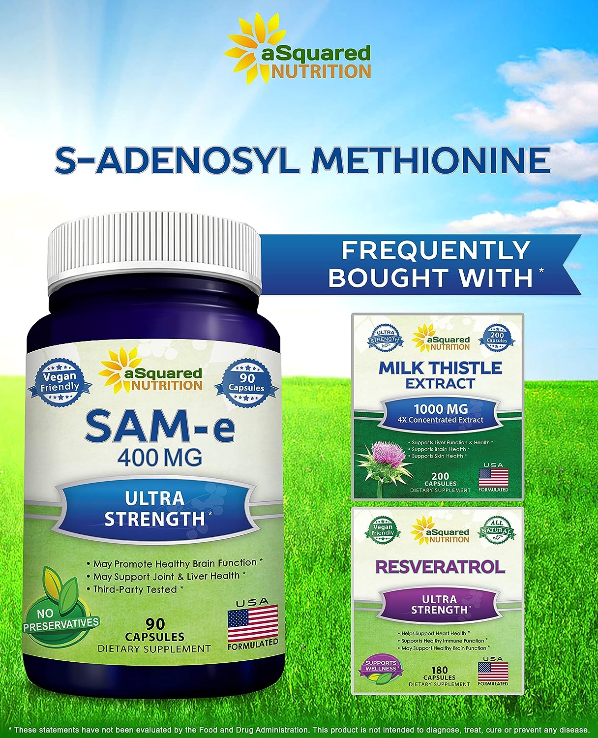 aSquared Nutrition SAM-e 400mg Supplement - 90 Capsules - Same (S-Adenosyl Methionine) to Support Mood, Joint Health, and Brain Function - Extra Strength Vegan SAM e Pills : Health  Household