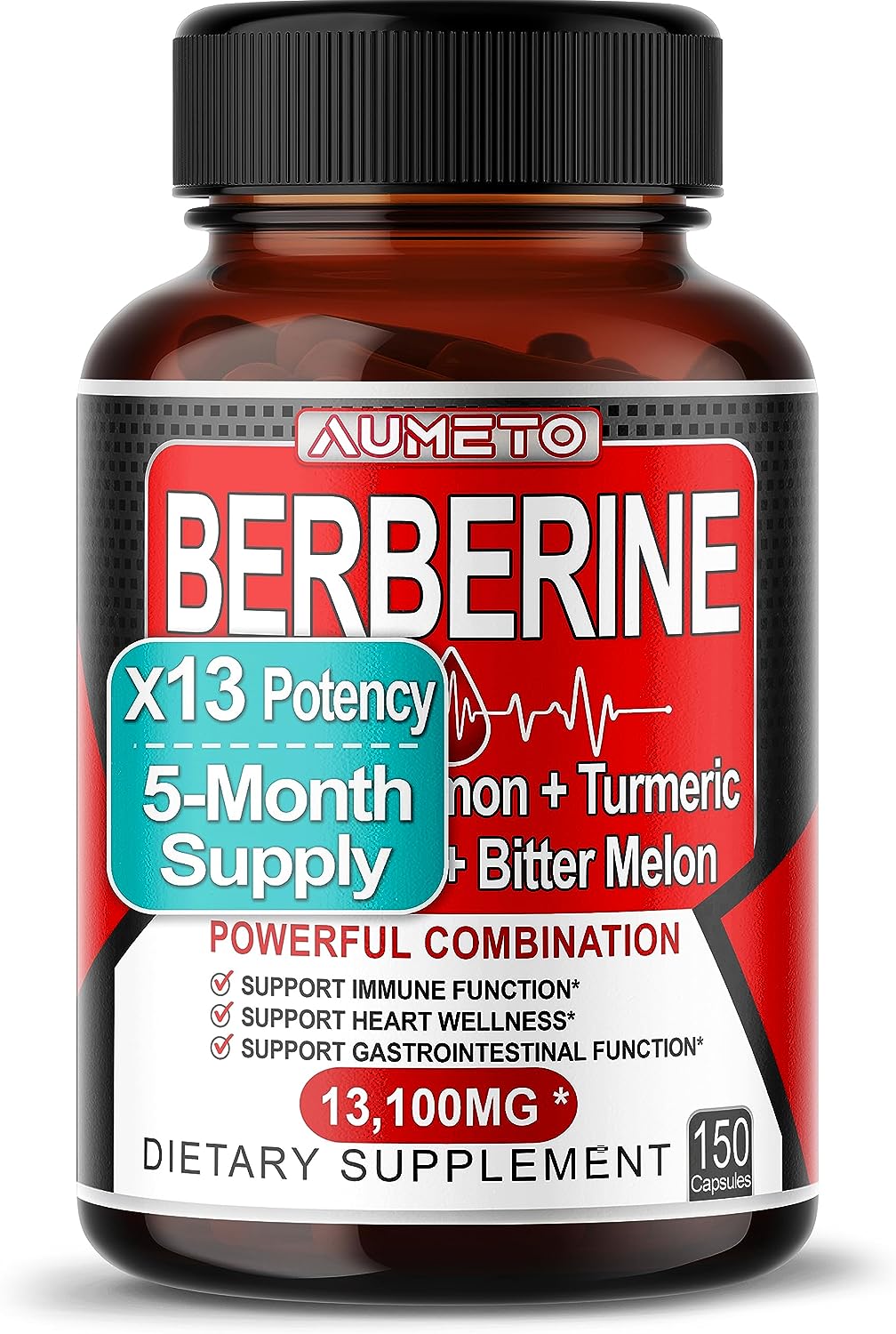 Berberine 13100mg with Ceylon Cinnamon Turmeric Milk Thistle Bitter Melon Maximum Potency Glucose Immune Heart Support - 150 Days Supply (150 Count (Pack of 1))