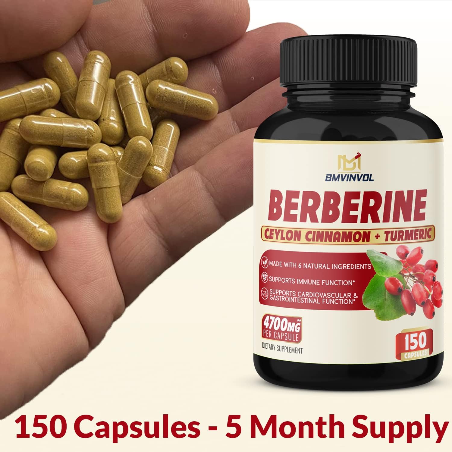Berberine Supplement 4700mg - 5 Months Supply - High Potency with Ceylon Cinnamon, Turmeric - Supports Immune System, Cardiovascular  Gastrointestinal Function - Berberine HCl Supplement Pills