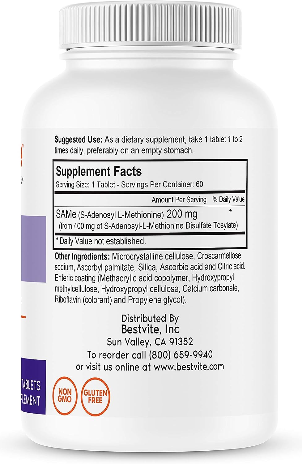 BESTVITE SAM-e 200mg (60 Tablets) (1-Pack) Premium Ingredient from Italy. : Health  Household