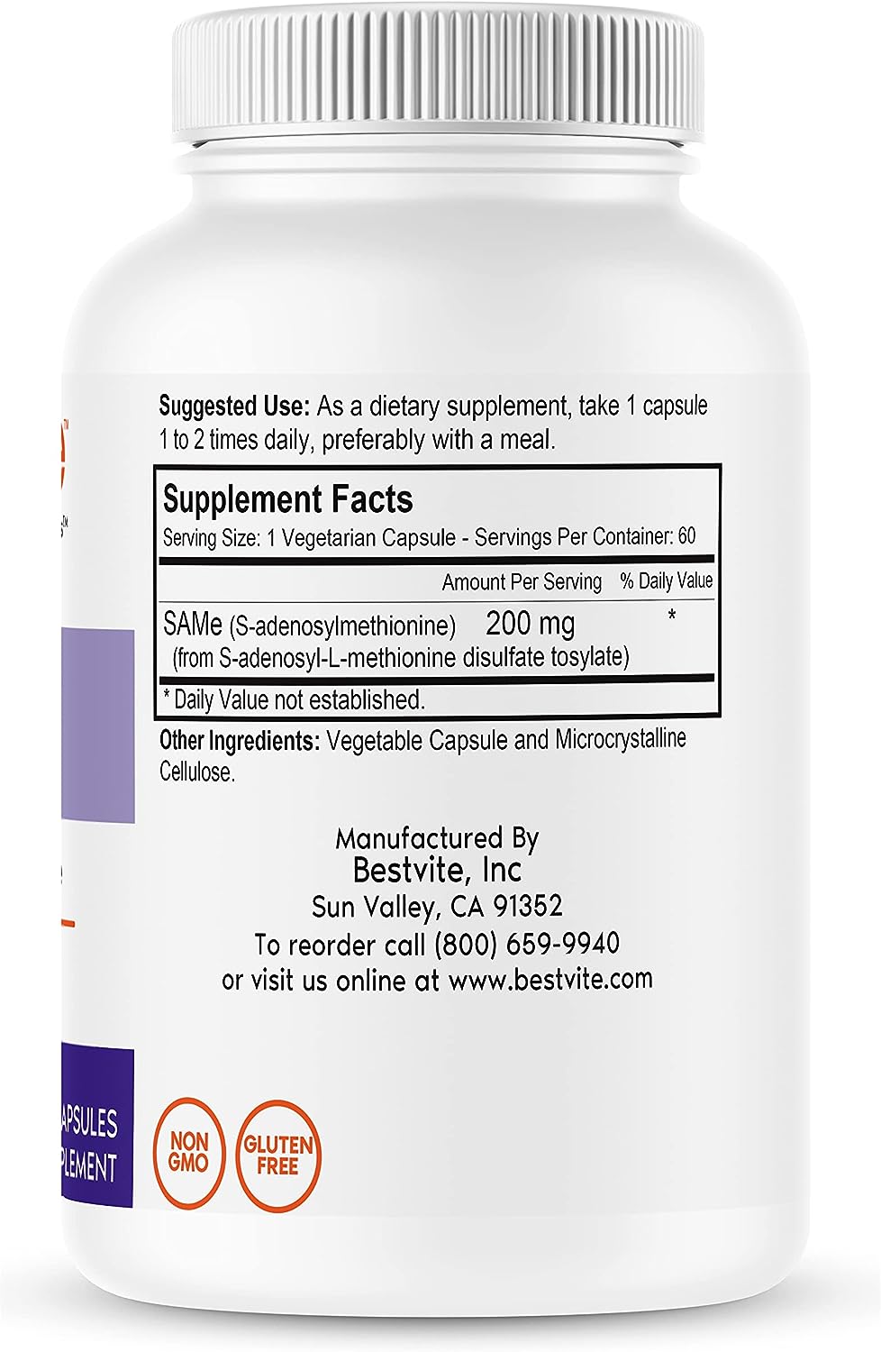 BESTVITE SAM-e 200mg Stabilized (60 Vegetarian Capsules) - Easy to Swallow Capsule Form - No Enteric Coat Needed - No Titanium Dioxide - No Stearates - Vegan - Non GMO - Gluten Free