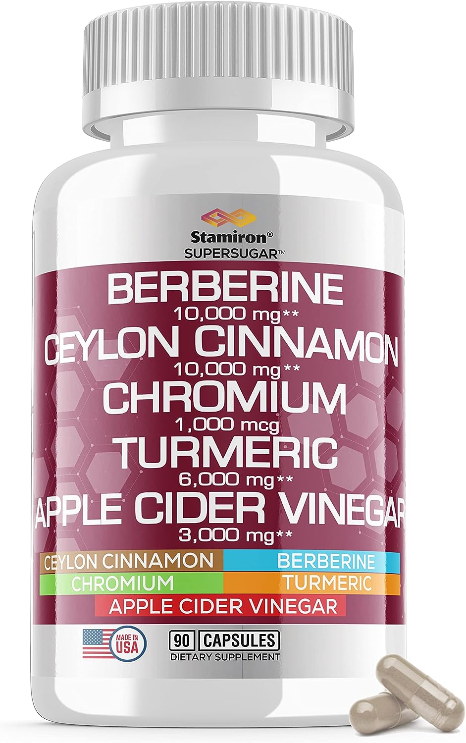 Ceylon Cinnamon Capsules 10,000mg Berberine 10,000mg Turmeric Curcumin 6000mg Chromium Complex 1000mcg with Apple Cider Vinegar 3000mg Sugar Support Supplement ACV Pills Made in USA - 90 Count