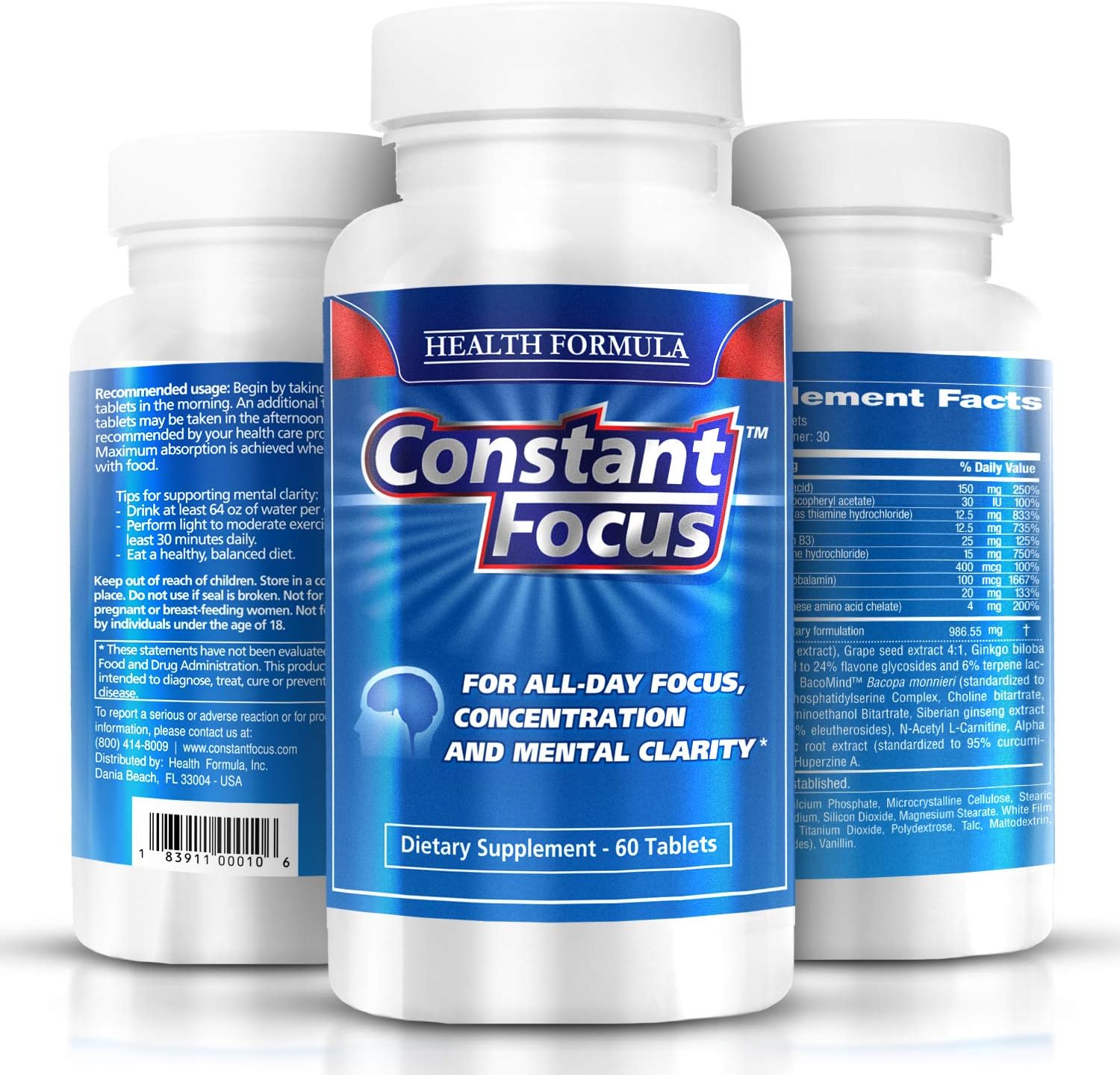 Constant Focus -- Brain Booster - Natural Herbal Brain Health Supplement for All Day Focus - Memory - Concentration - Alertness  Mental Clarity -- 60 Tabs