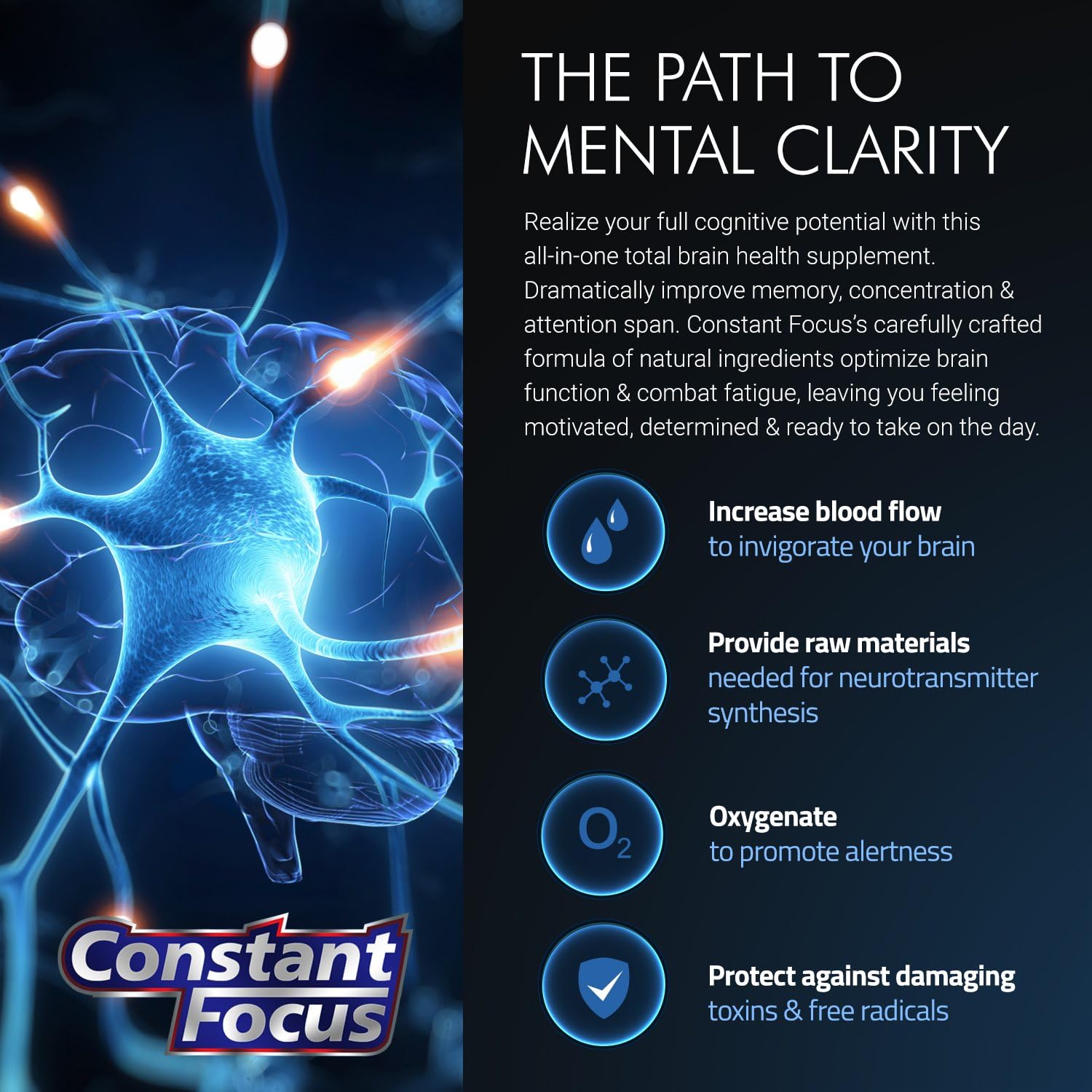Constant Focus -- Brain Booster - Natural Herbal Brain Health Supplement for All Day Focus - Memory - Concentration - Alertness  Mental Clarity -- 60 Tabs