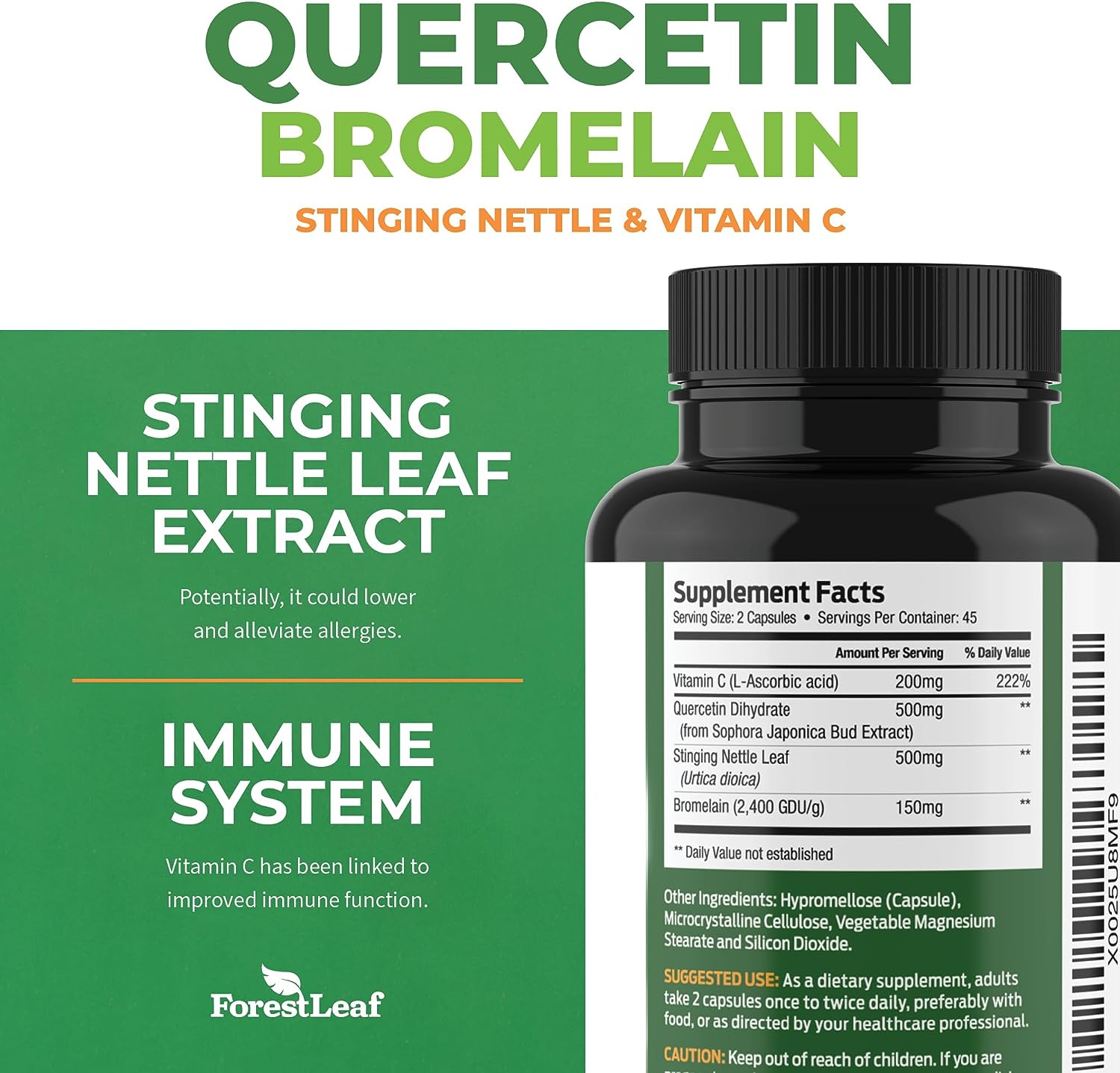 ForestLeaf - Quercetin 500mg - Quercetin with Bromelain, Vitamin C  Sting Nettle 90 Veggie Capsules - Immune Support Supplement