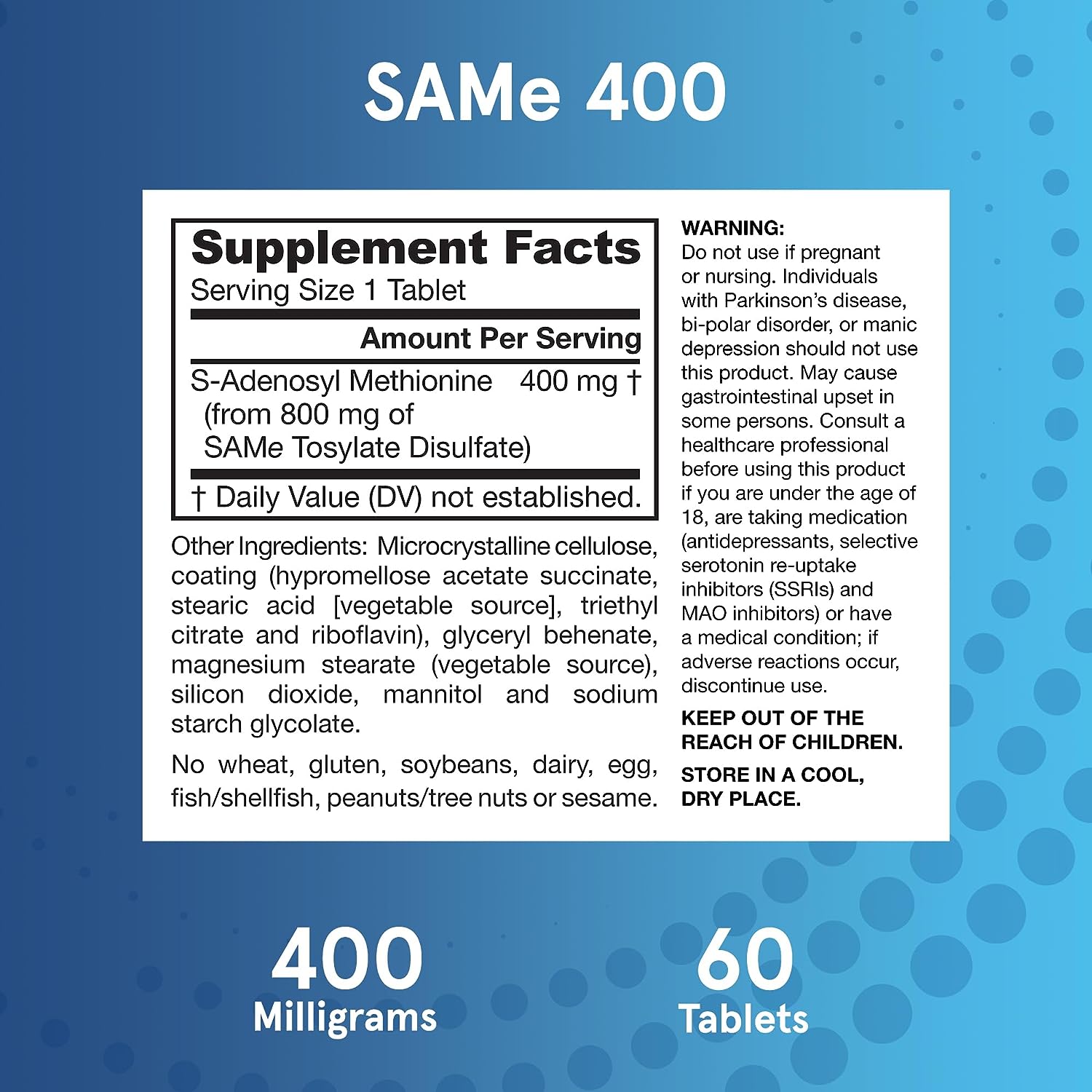 Jarrow Formulas SAMe 400 mg Extra Strength - Naturally Derived SAMe Supplements - Dietary Supplement - 60 Tablets - SAMe Supplement Supports Joint Health  Liver Function - Vegan