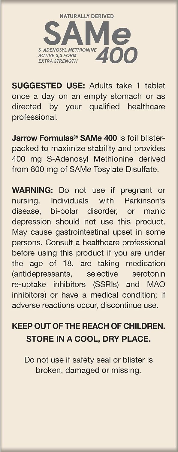 Jarrow Formulas SAMe 400 mg Extra Strength - Naturally Derived SAMe Supplements - Dietary Supplement - 60 Tablets - SAMe Supplement Supports Joint Health  Liver Function - Vegan