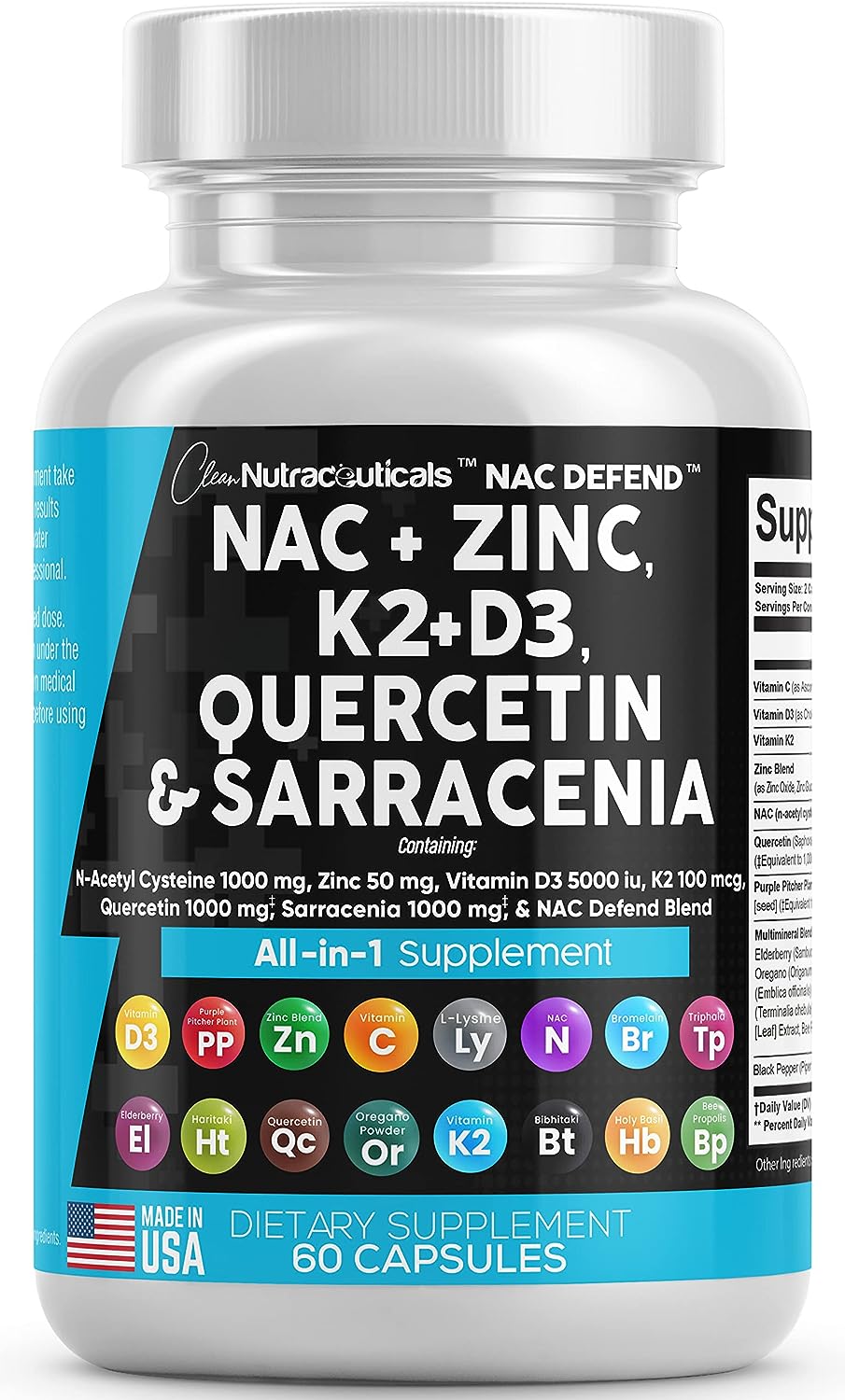 NAC Supplement N-Acetyl Cysteine 1000mg Vitamin D3 K2 Zinc Quercetin 1000mg Sarracenia Purpurea 1000mg with Elderberry Holy Basil Bee Propolis Bromelain L-Lysine Made in USA - 60 Count