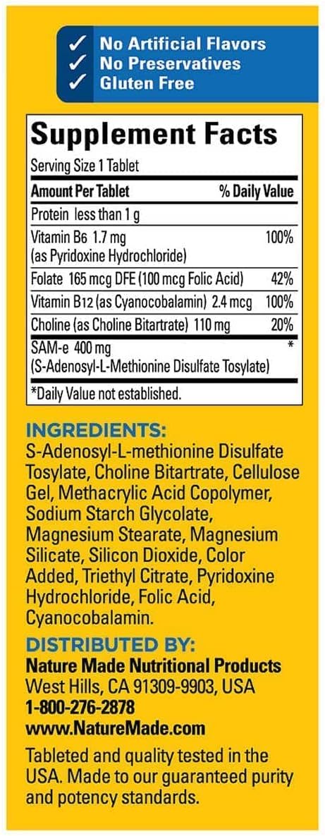 Nature Made SAM-e Complete 400 mg - 60 Enteric Coated Tablets : Health  Household