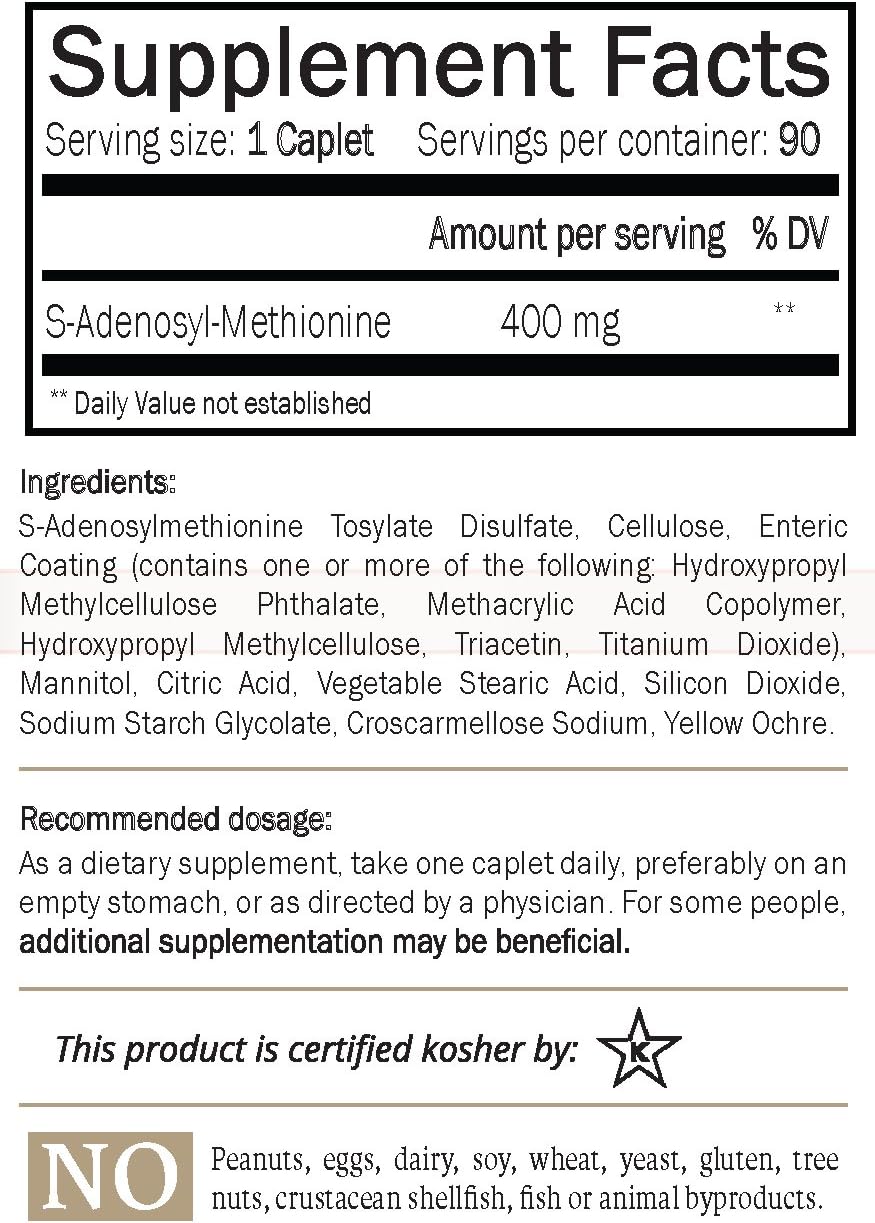 Natures Trove SAM-e 400mg 90 Enteric Coated Caplets. Vegan, Kosher, Non-GMO Project Verified, Soy Free, Gluten Free - Cold Form Blister Packed.