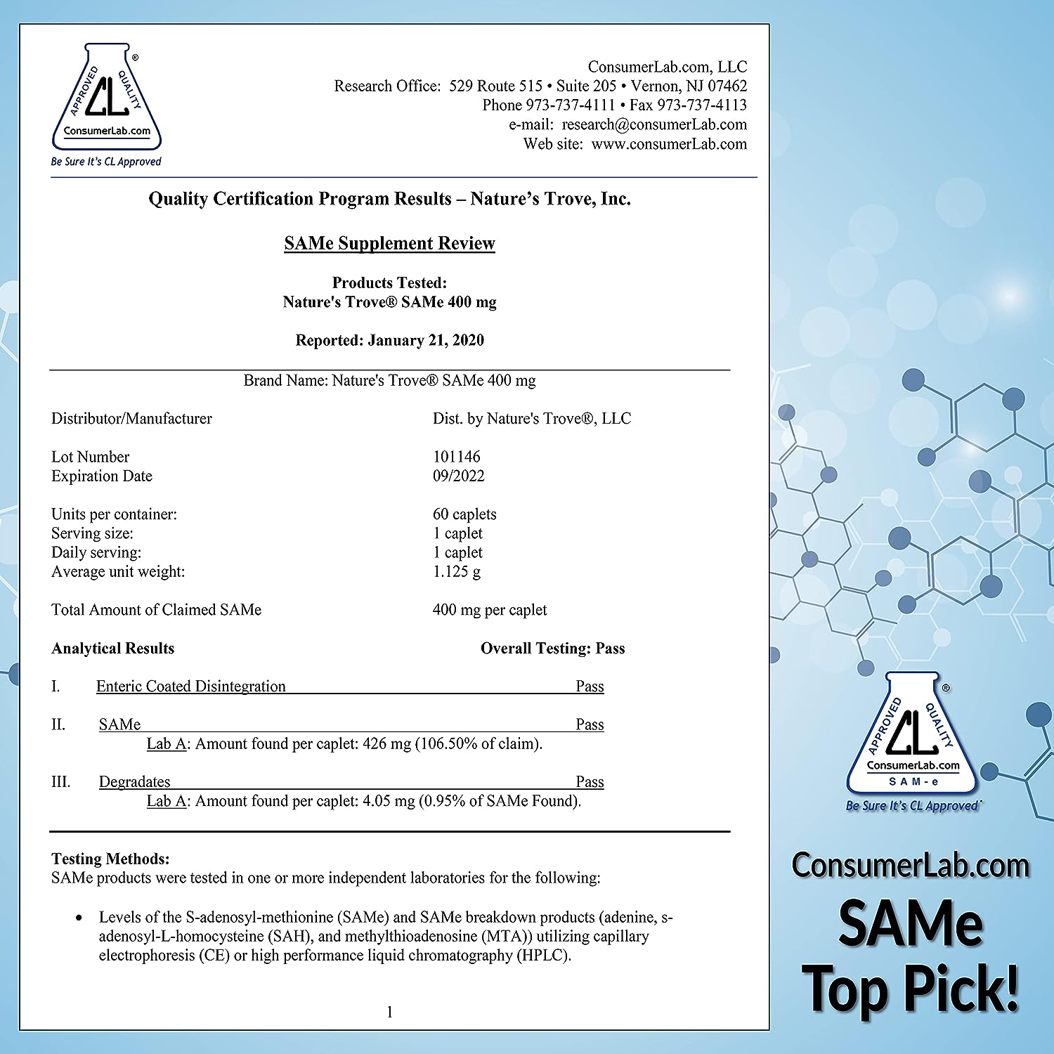 Natures Trove SAM-e 400mg 90 Enteric Coated Caplets. Vegan, Kosher, Non-GMO Project Verified, Soy Free, Gluten Free - Cold Form Blister Packed.