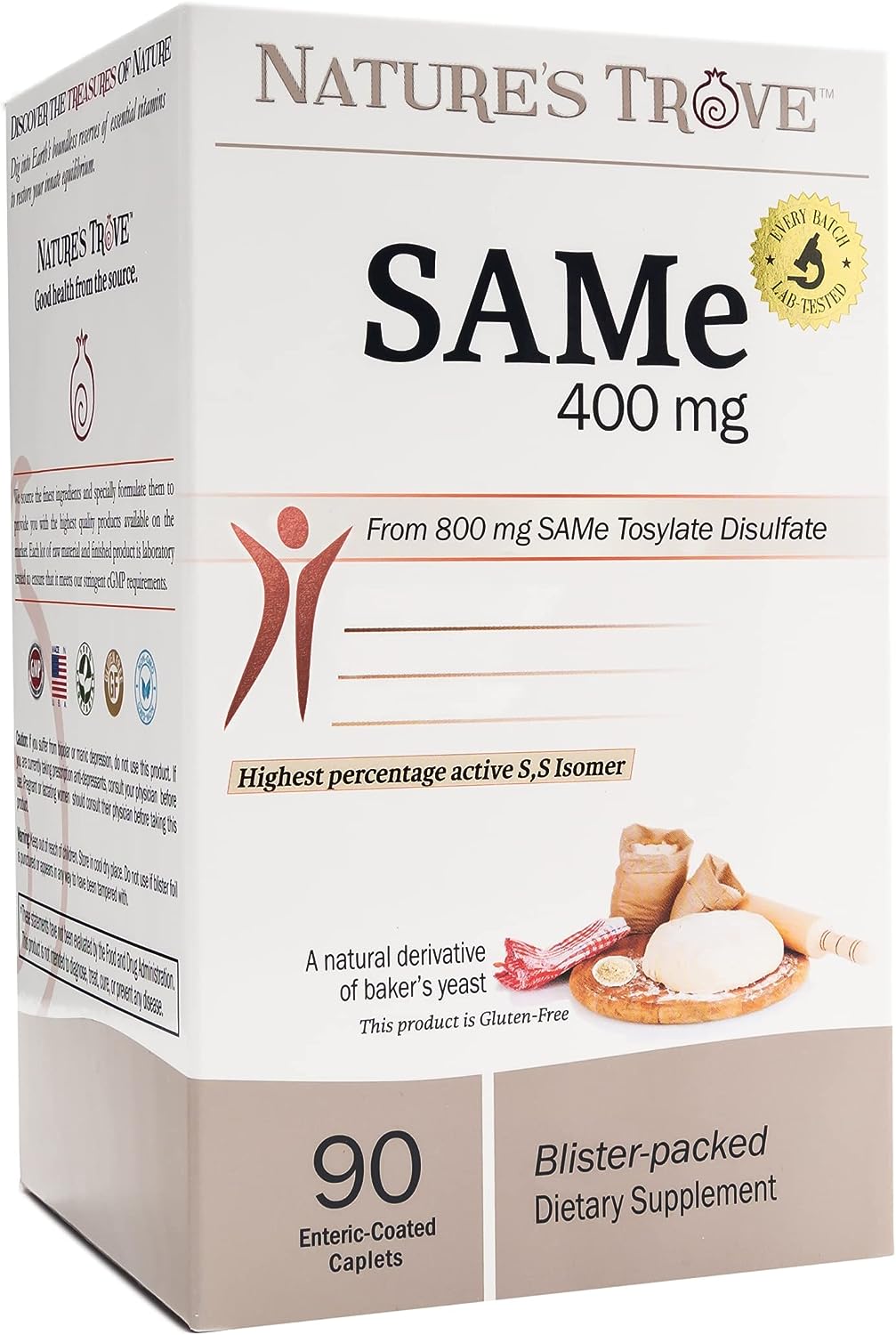 Natures Trove SAM-e 400mg 90 Enteric Coated Caplets. Vegan, Kosher, Non-GMO Project Verified, Soy Free, Gluten Free - Cold Form Blister Packed.