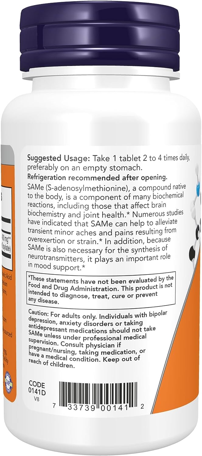 NOW Supplements, SAMe (S-Adenosyl-L-Methionine) 400 mg, Nervous System Support*, 60 Tablets