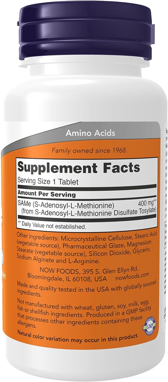 NOW Supplements, SAMe (S-Adenosyl-L-Methionine) 400 mg, Nervous System Support*, 60 Tablets