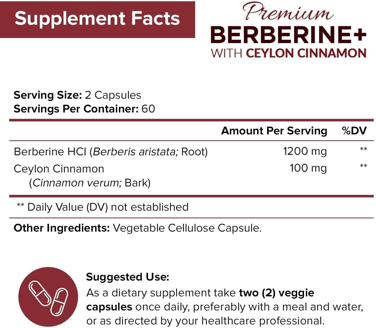 NutriFlair Premium Berberine HCL 1200mg, 120 Capsules - Plus Pure True Ceylon Cinnamon, Berberine HCI Root Supplements Pills - Supports Glucose Metabolism, Immune System, Healthy Weight Management
