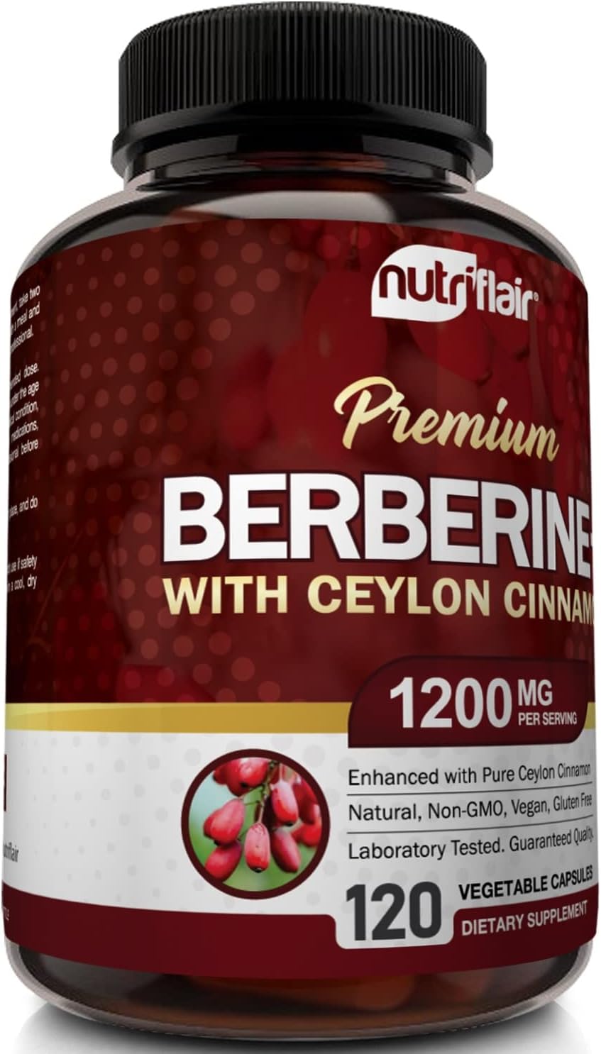 NutriFlair Premium Berberine HCL 1200mg, 120 Capsules - Plus Pure True Ceylon Cinnamon, Berberine HCI Root Supplements Pills - Supports Glucose Metabolism, Immune System, Healthy Weight Management