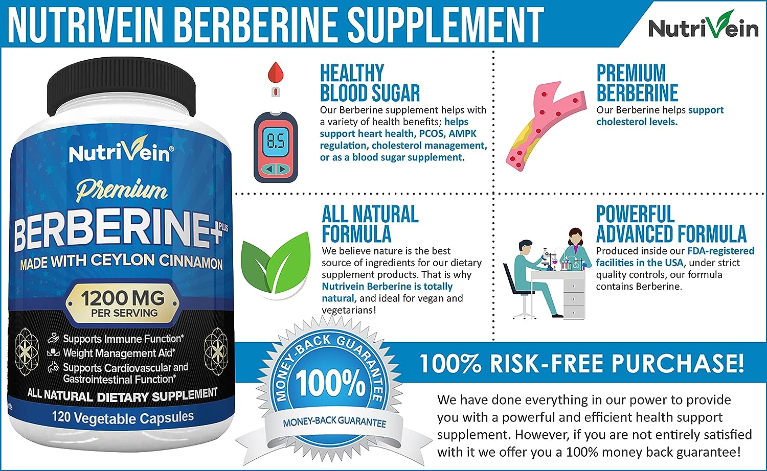 Nutrivein Premium Berberine HCL 1200mg Plus Organic Ceylon Cinnamon - 120 Capsules - Supports Glucose Metabolism, Immune System, Weight Management - Berberine HCI Supplement