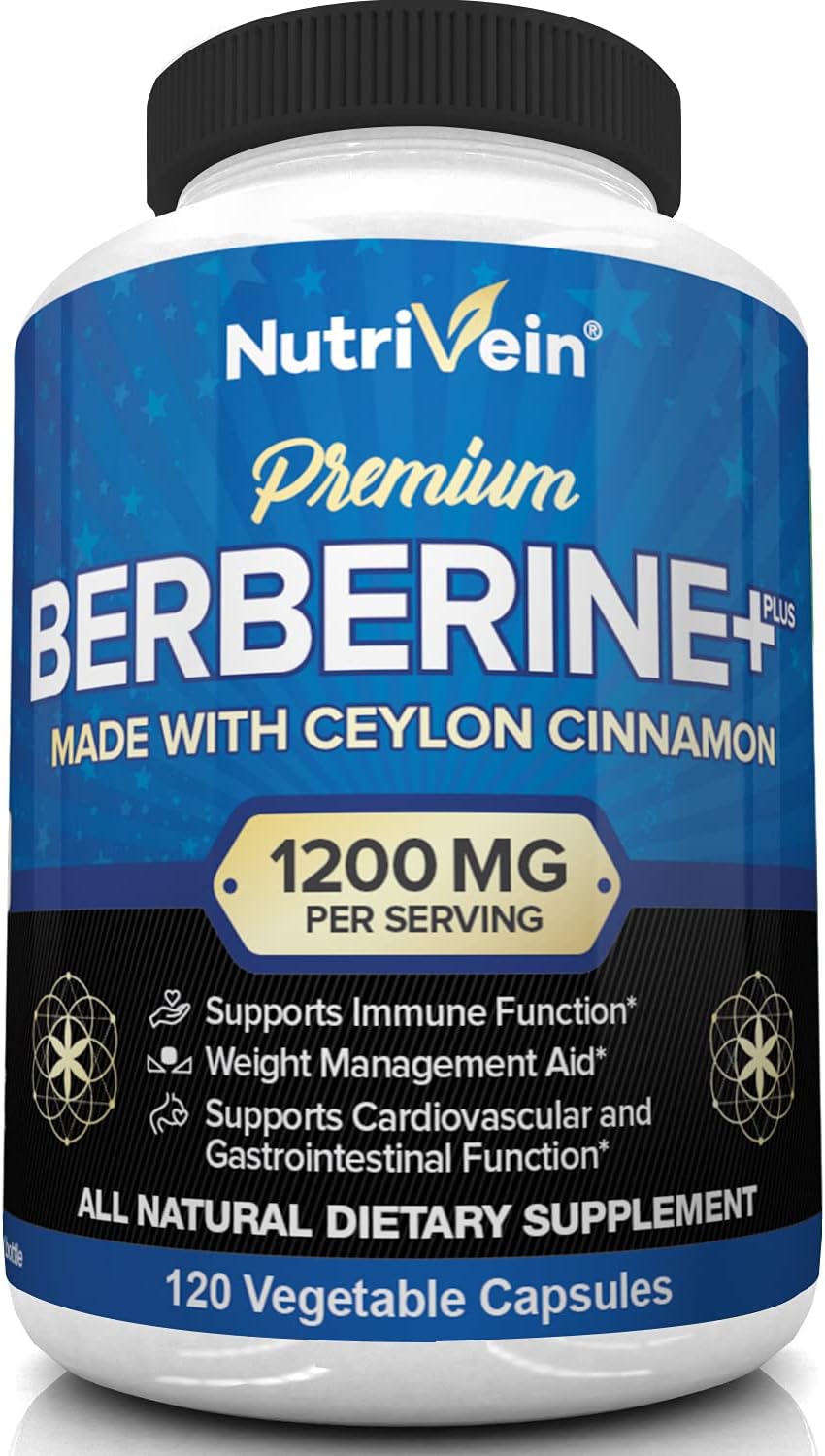 Nutrivein Premium Berberine HCL 1200mg Plus Organic Ceylon Cinnamon - 120 Capsules - Supports Glucose Metabolism, Immune System, Weight Management - Berberine HCI Supplement