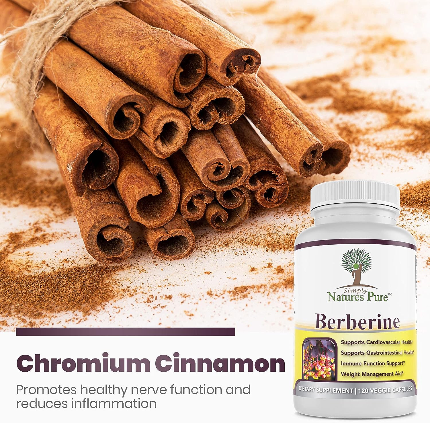Premium Berberine HCl 500mg - 120 Capsules - Cardiovascular Gastrointestinal Immune Support - Chromium Cinnamon