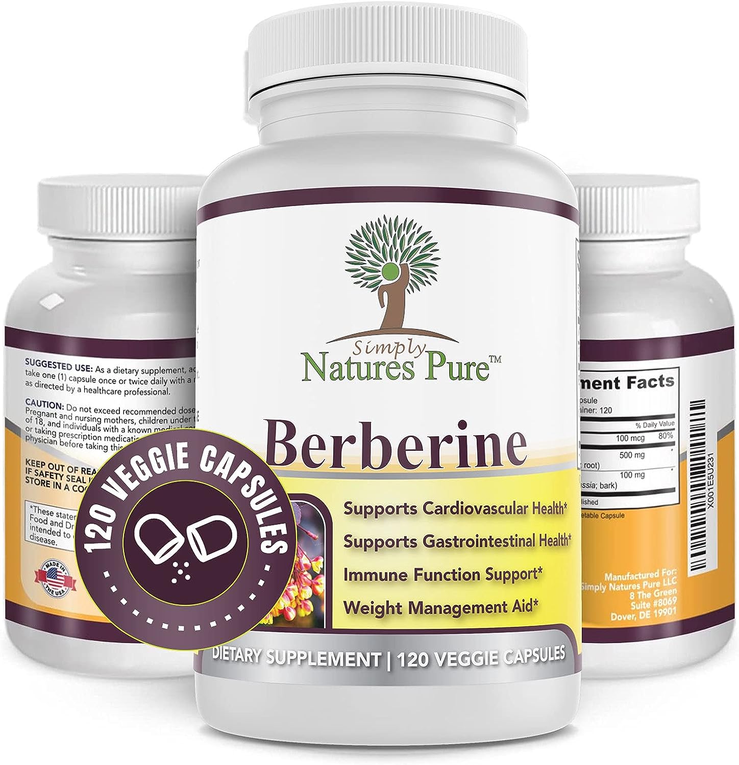 Premium Berberine HCl 500mg - 120 Capsules - Cardiovascular Gastrointestinal Immune Support - Chromium Cinnamon