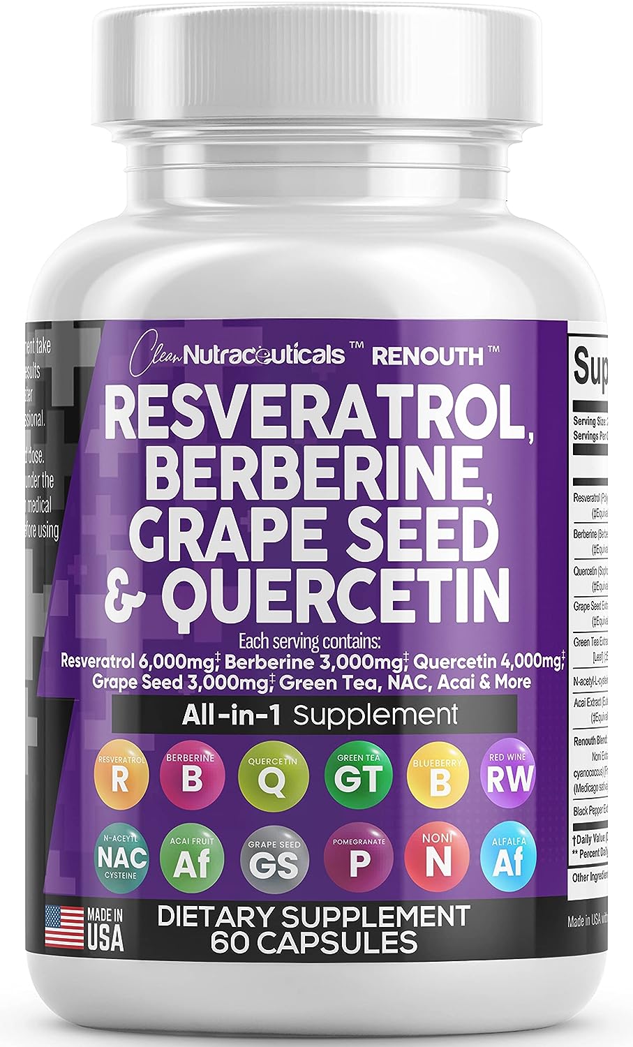 Resveratrol 6000mg Berberine 3000mg Grape Seed Extract 3000mg Quercetin 4000mg Green Tea Extract - Polyphenol Supplement for Women and Men with N-Acetyl Cysteine, Acai Extract - Made in USA 60 Caps