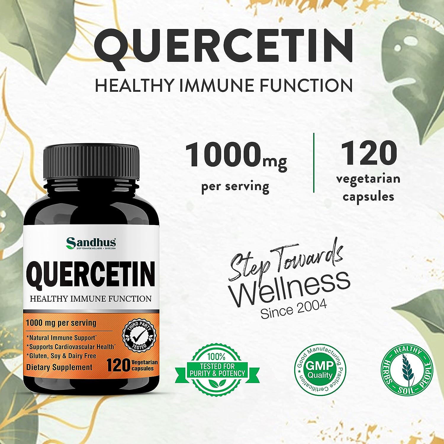 Sandhus Quercetin 1000mg Per Serving Vegetarian Capsules Bioflavonoids Supports Immune Health  Cardiovascular Health, Respiratory Health 120 Count