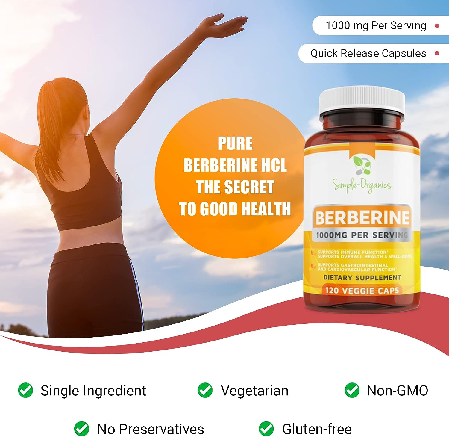 Simple-Organics Berberine 500mg (1000mg Per Serving) - 120 Capsules- Supports Healthy Immune Function, Gastrointestinal  Overall Wellness