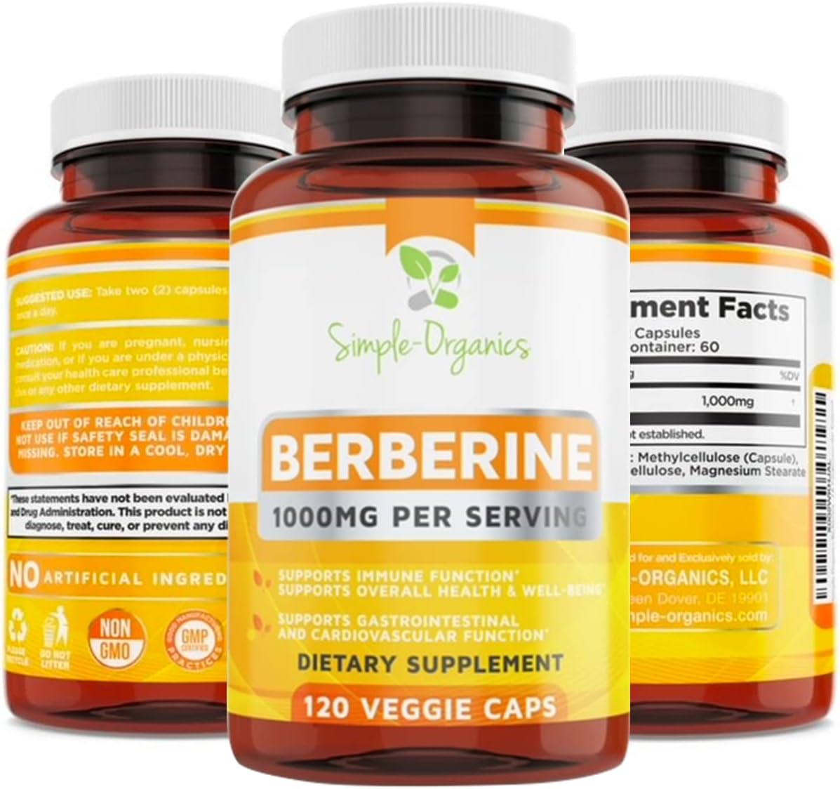 Simple-Organics Berberine 500mg (1000mg Per Serving) - 120 Capsules- Supports Healthy Immune Function, Gastrointestinal  Overall Wellness