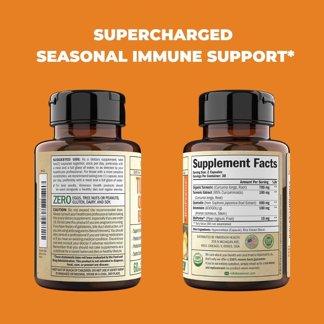 Turmeric Curcumin Quercetin with Bromelain  Black Pepper - Immune  Joint Support Supplement with BioPerine  700mg Organic Tumeric for Inflammation Balance. Natural Antioxidant - 60 Vegan Capsules