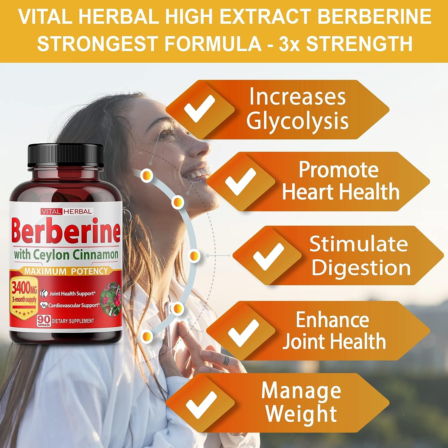 VITAL HERBAL Berberine with Ceylon Cinnamon Capsules Equivalent to 3400 mg Maximum Potency with Gymnema Sylvestre Ashwagandha Black Pepper - Glucose Metabolism Support - 90 Days Supply