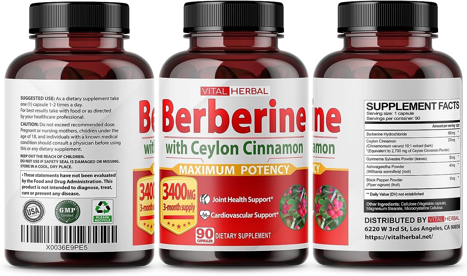 VITAL HERBAL Berberine with Ceylon Cinnamon Capsules Equivalent to 3400 mg Maximum Potency with Gymnema Sylvestre Ashwagandha Black Pepper - Glucose Metabolism Support - 90 Days Supply