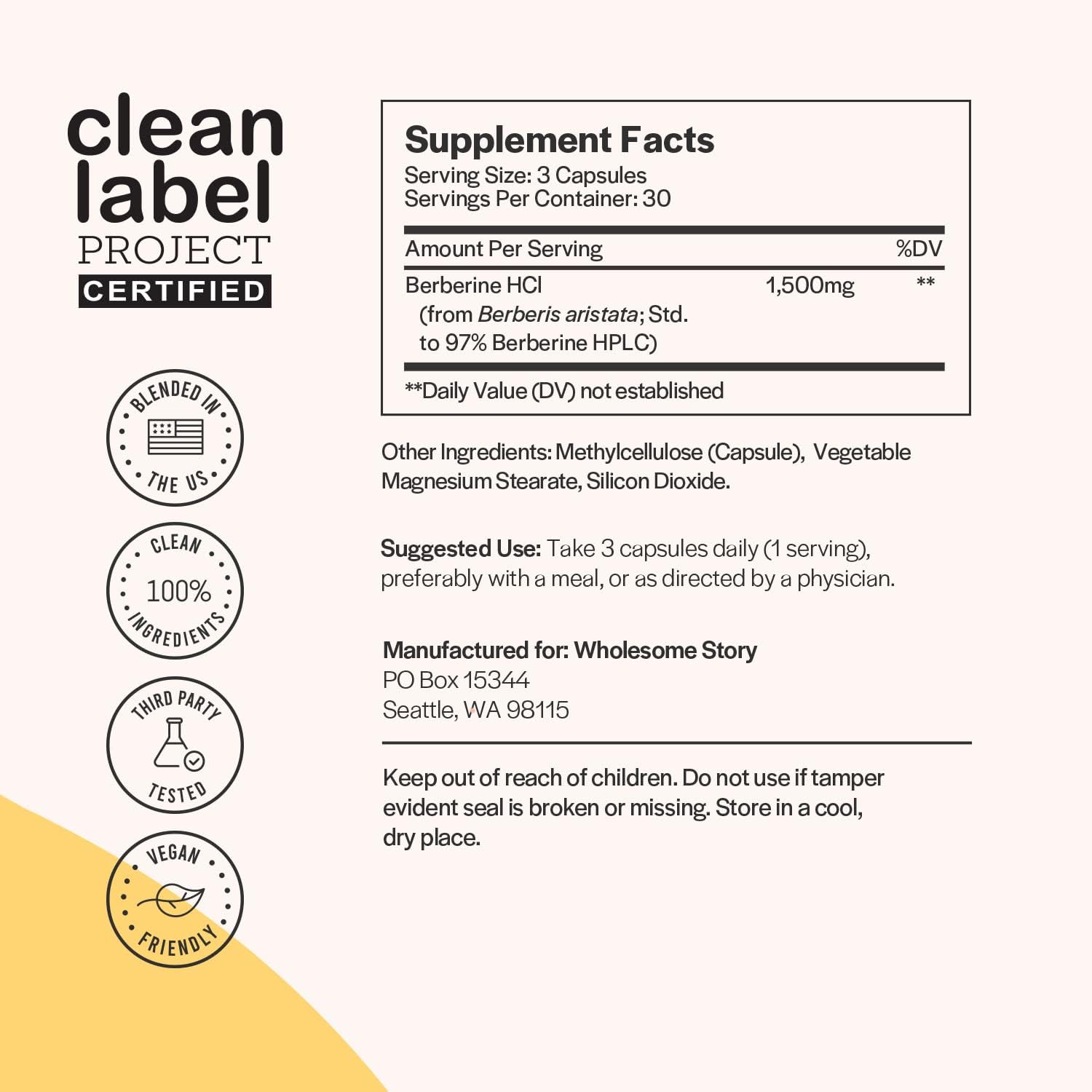 Wholesome Story Berberine Supplement 1500mg | Berberine HCl 500mg Per Capsule | 97% Standardized Purity | Support for Metabolic Profiles, Hormonal Balance | 90 Vegetarian Berberine Capsules