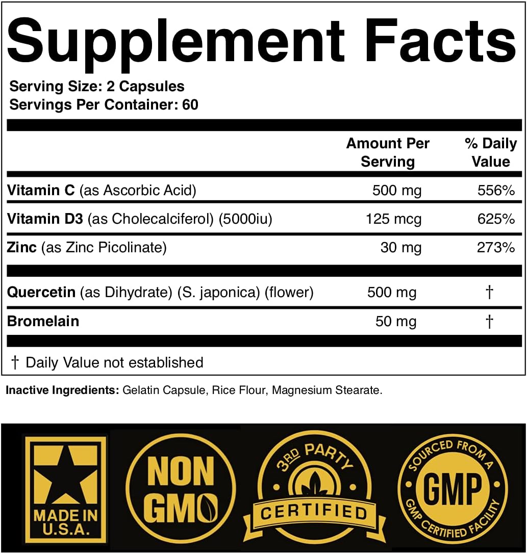 Zinc Quercetin 500mg with Vitamin C Vitamin D3 Bromelain Immune Support High Potency Quercetin Zinc Supplement ZQV by SPARTIS (Pack of 1 at 120-Caps)