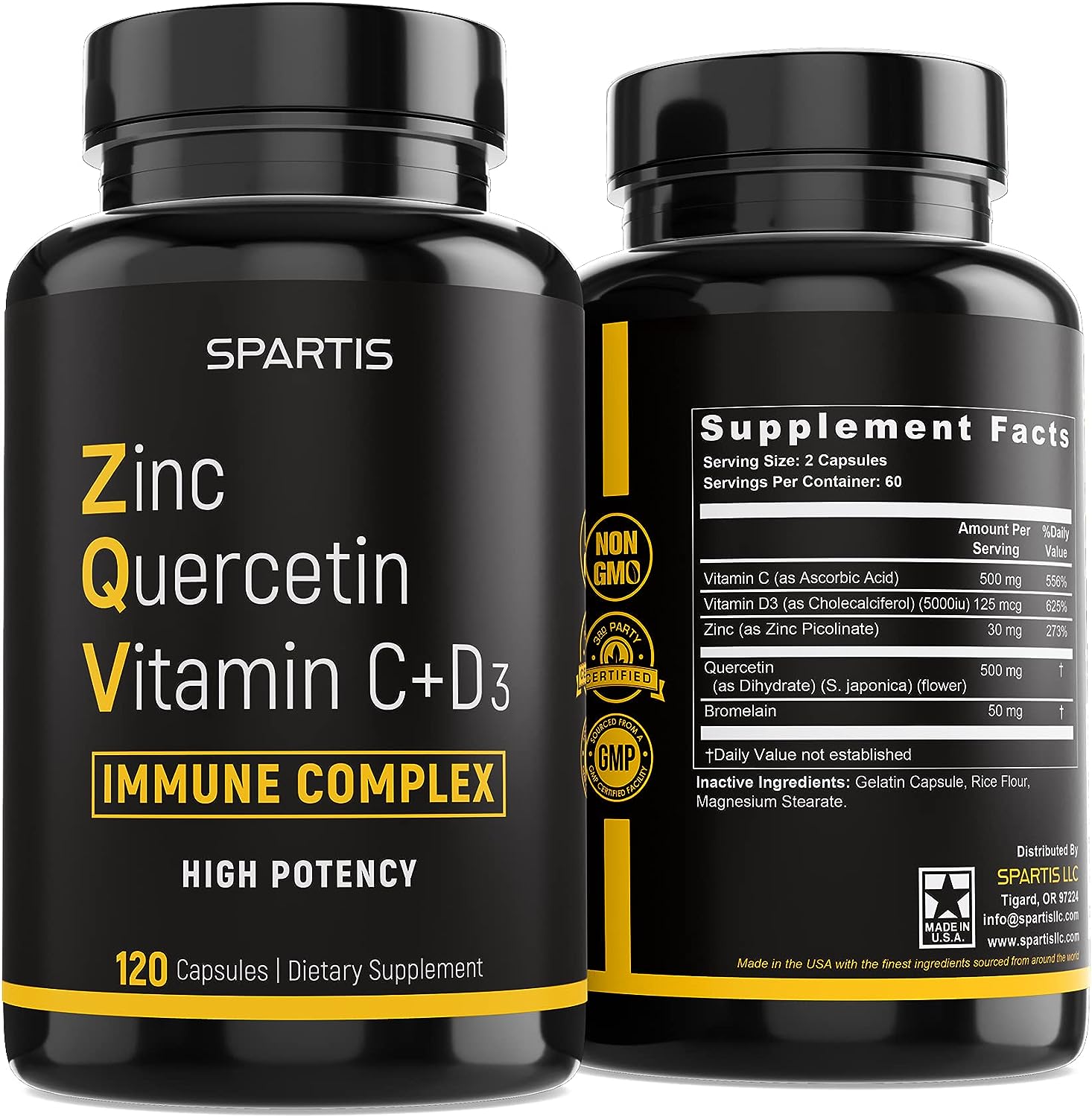 Zinc Quercetin 500mg with Vitamin C Vitamin D3 Bromelain Immune Support High Potency Quercetin Zinc Supplement ZQV by SPARTIS (Pack of 1 at 120-Caps)