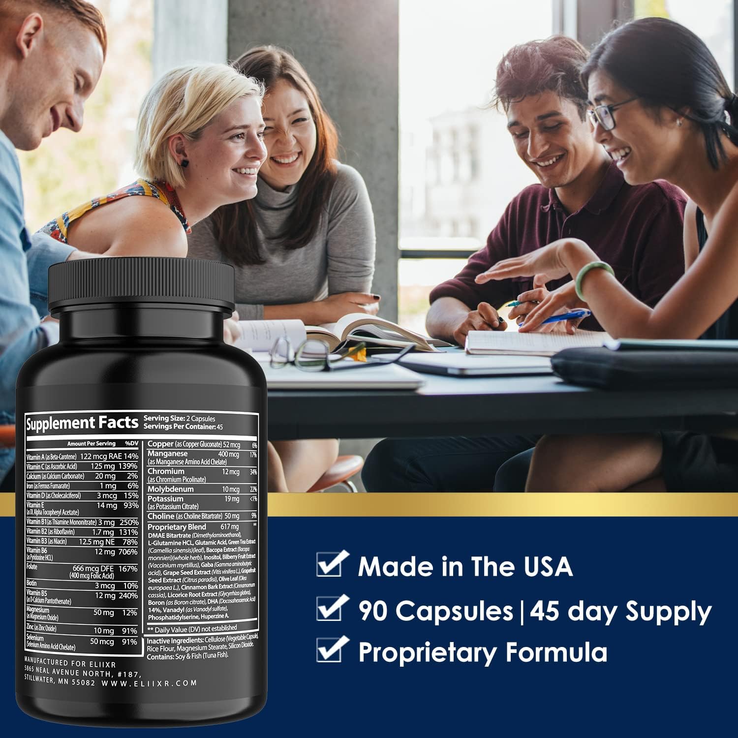 Eliixr Neuroptima Premium Nootropic Supplement for Men  Women, 90 Capsules, Includes Choline, Phosphatidylserine, Bacopa Monnieri, and Huperzine A for Concentration, Focus, Memory, Brain Support