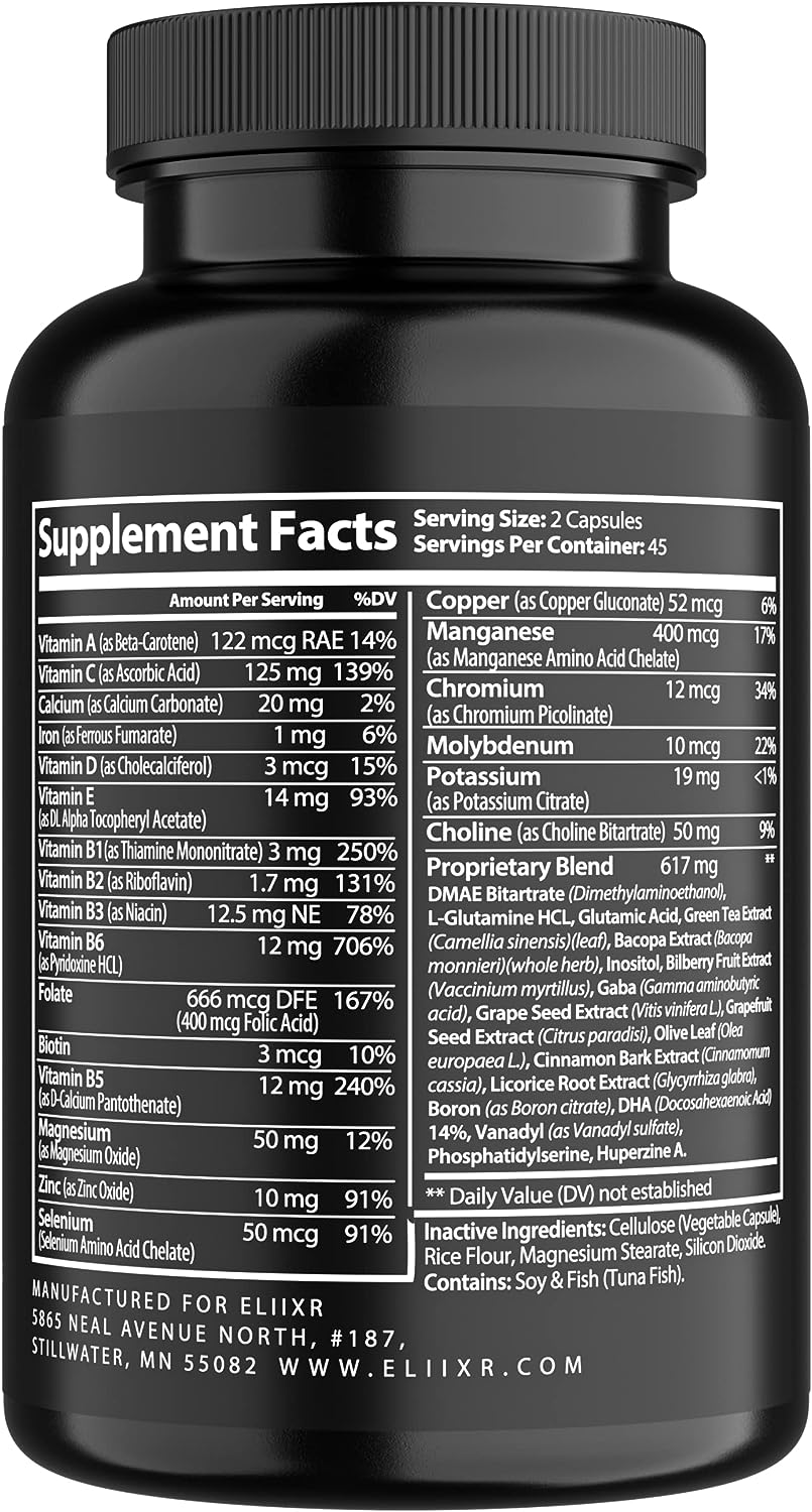 Eliixr Neuroptima Premium Nootropic Supplement for Men  Women, 90 Capsules, Includes Choline, Phosphatidylserine, Bacopa Monnieri, and Huperzine A for Concentration, Focus, Memory, Brain Support