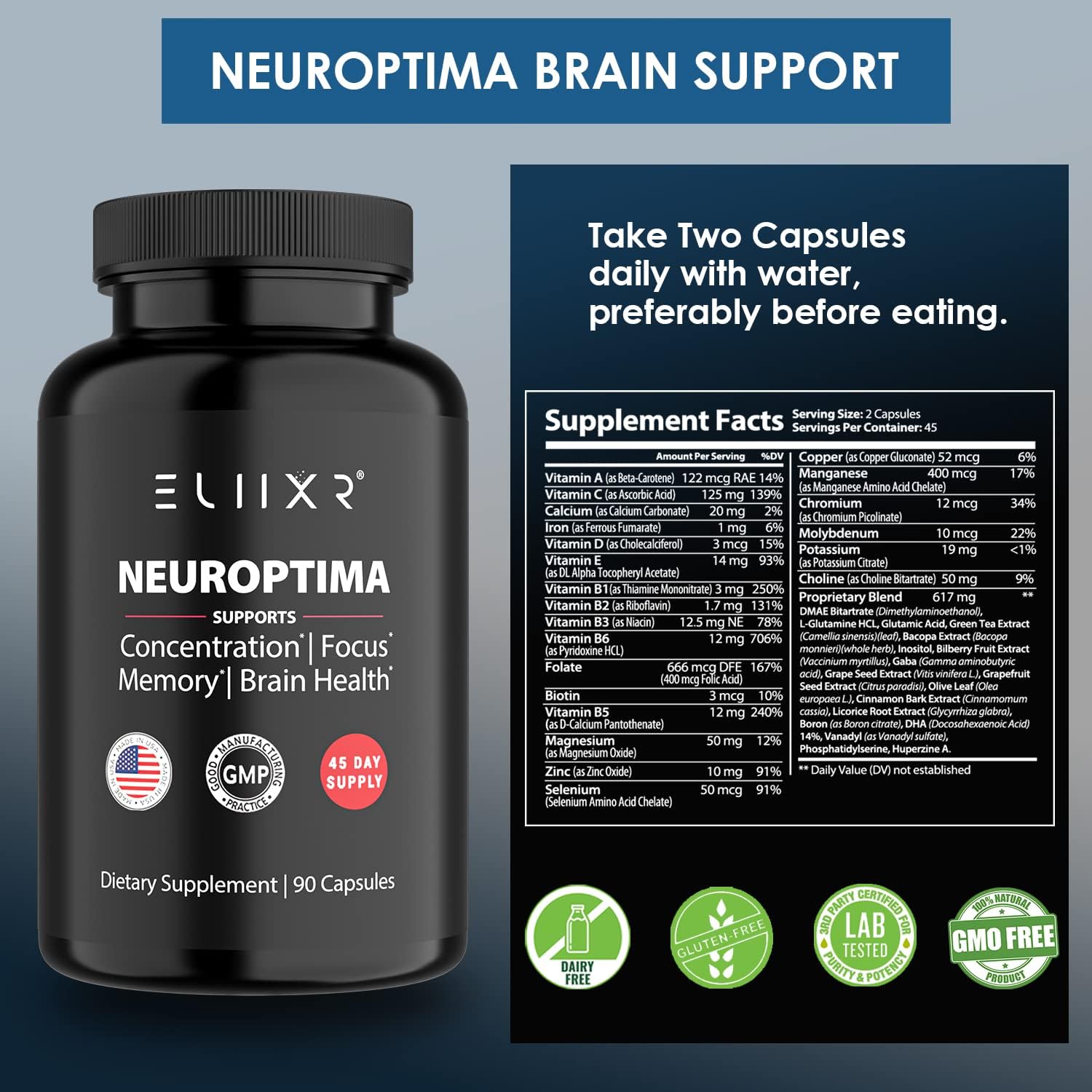 Eliixr Neuroptima Premium Nootropic Supplement for Men  Women, 90 Capsules, Includes Choline, Phosphatidylserine, Bacopa Monnieri, and Huperzine A for Concentration, Focus, Memory, Brain Support
