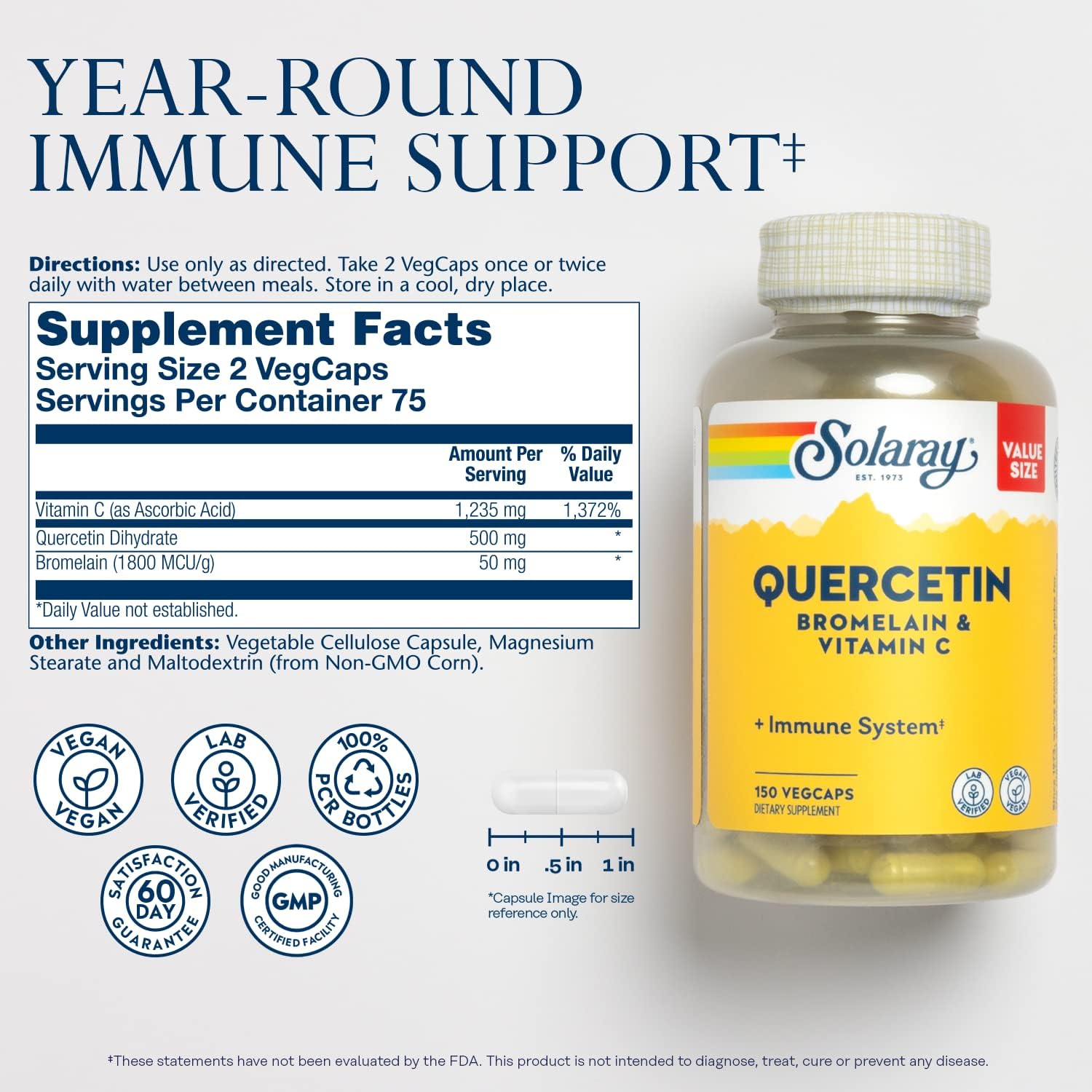 SOLARAY Quercetin Bromelain  Vitamin C, Immune System, Sinus, Respiratory  Antioxidant Activity Support, Vegan, 500mg of Quercetin  1,235mg of VIT C, 60 Day Guarantee, 75 Servings, 150 VegCaps